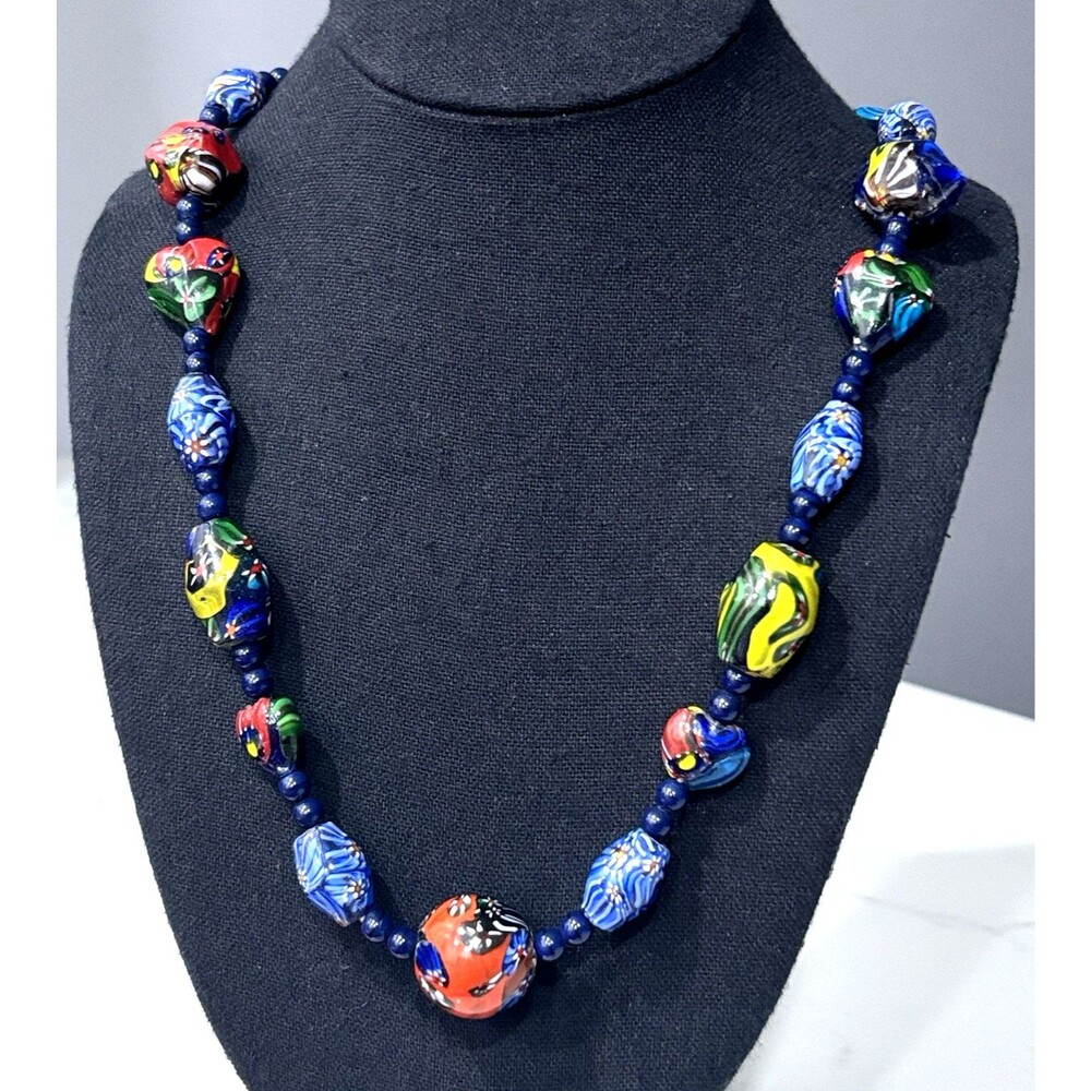 Vintage Murano Style Art Glass Beaded Necklace Blue Millefiori Colorful 26"